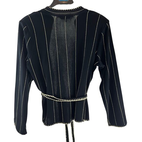 Ming Wang Belted Acrylic Knit Cardigan Jacket Large Black Cream Embroidered L - Picture 6 of 6